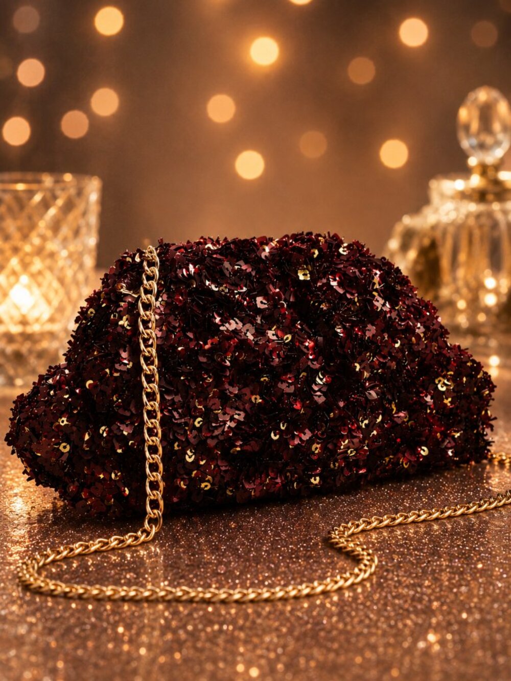 Maeve Anthropologie Red Sequin Clutch Gold Chain Evening Party Bag Wedding NWT